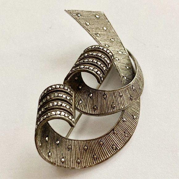 Vintage Sterling Silver Art Deco Marcasite Brooch Pin 925 Estate Ribbon Swirl - Picture 5 of 14